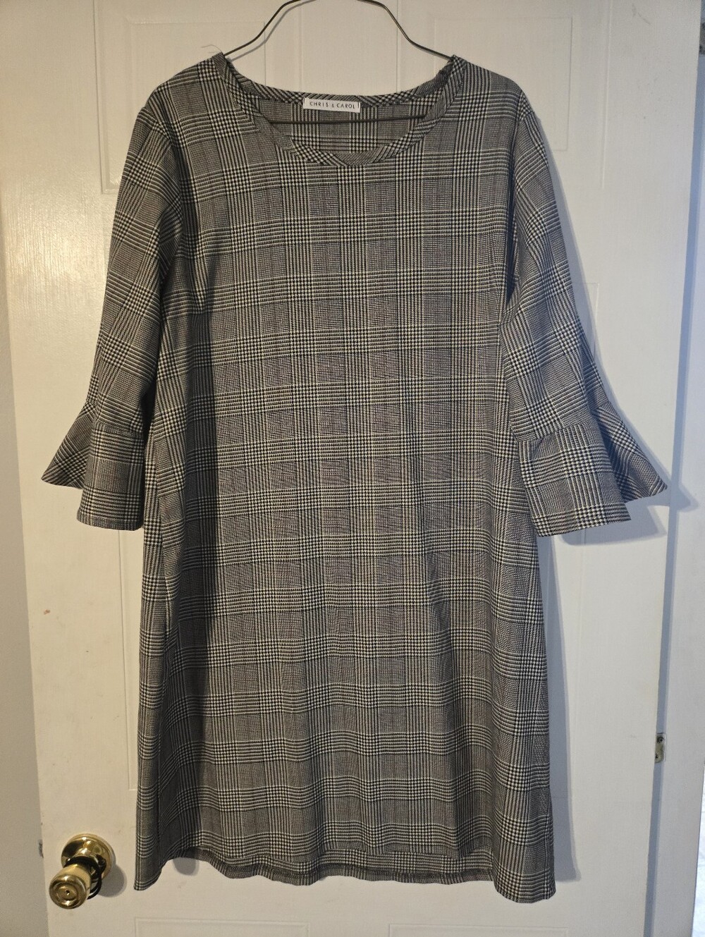 Chris & Carol Black and Gray Plaid Ruffle-Sleeve Midi Dress